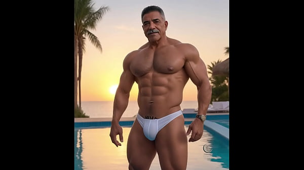 Homens musculosos se divertem nus na praia e na piscina