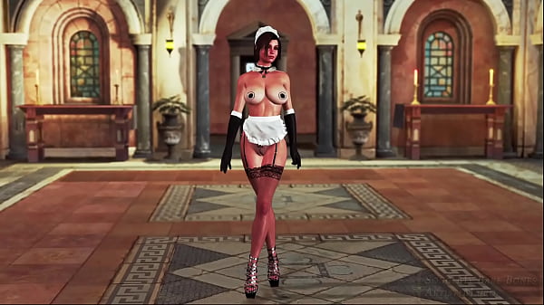 Lara croft sensual em uniforme de empregada recebe hóspedes na vila