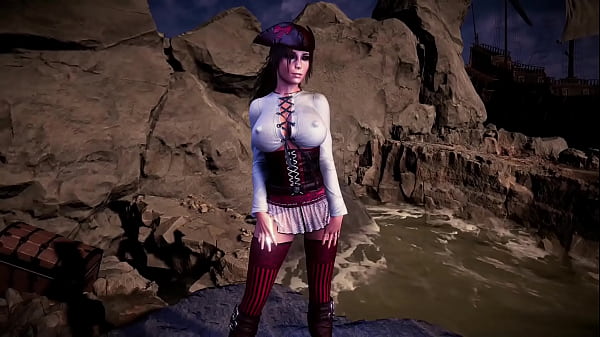Rainha pirata lara croft dança sedutora na praia antes da tempestade